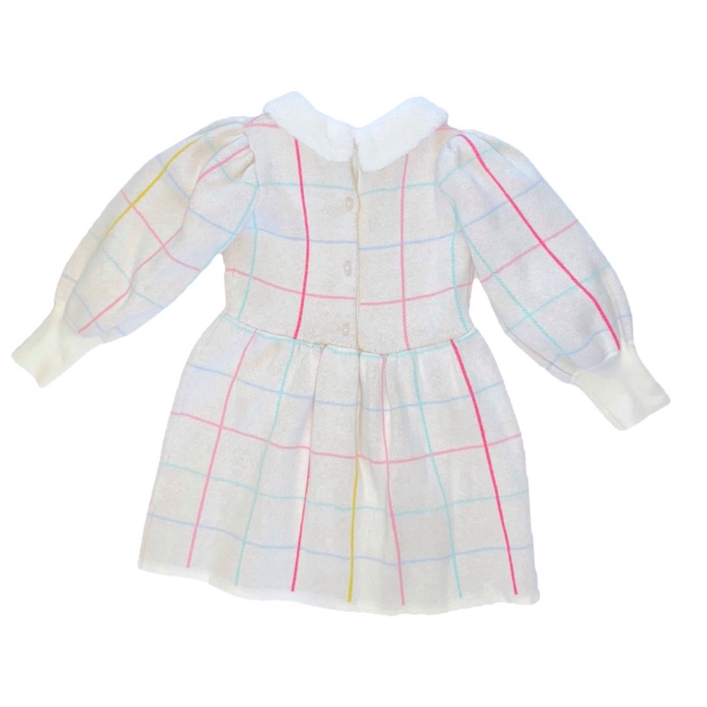 JANIE AND JACK WHITE PINK BLUE STRIPE FUR TRIM COLLAR PUFF SLEEVE SWEATER DRESS - Picture 4 of 7